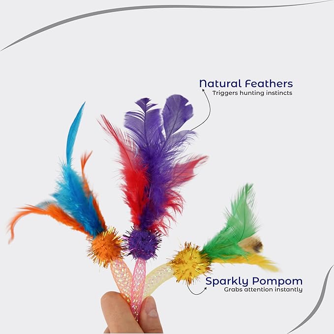 Interactive Cat Wand Toy 3 Pack, Woven Mesh Fishing Pole with Feathers Bell & Pom Pom, Teaser Wand for Bored Indoor Cats and Kittens, Exercise Toy to Stimulate Hunting Instinct — Pink Yellow Orange