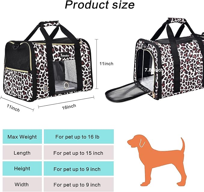Petmolico Cat Carrier Soft-Sided Pet Bag for Small Medium Cats Puppies 16LBs - Airline Approved Pet Travel Carrier 3 Open Doors (Medium,Leopard)