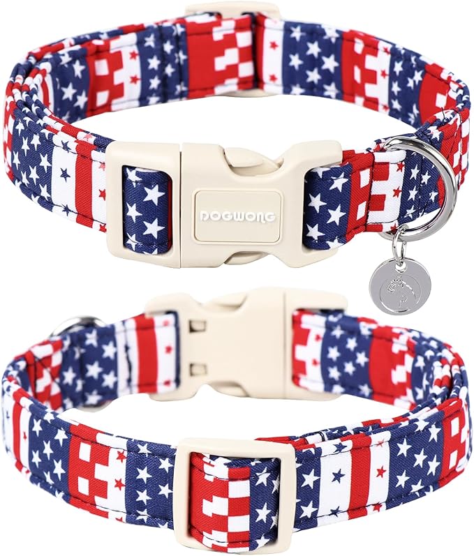 DOGWONG Cotton Dog Collar - 4th of July Patriotic Puppy Necklace for Small to Large Dogs, Soft Natural Fabric, Blue Star