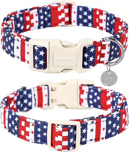DOGWONG Cotton Dog Collar - 4th of July Patriotic Puppy Necklace for Small to Large Dogs, Soft Natural Fabric, Blue Star