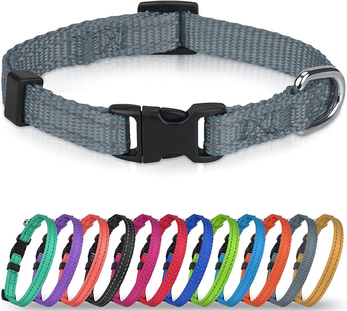 Joytale Puppy Collar, Feather-Light Double-Sided Reflective Nylon Collar for Night Safety, Adjustable Quick-Release for Extra Small Dogs, Gray, XS (3/8" Width)