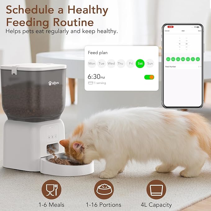 Remote Controlled Automatic Dog & Cat Feeder, APP Controlled,with Freshness Preservation, Timed Cat Feeder with Stainless Steel Bowl. 4L Capacity Up to 6 Meals Per Day and 1-15 Portion for Pets（White）