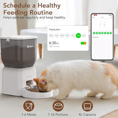 Remote Controlled Automatic Dog & Cat Feeder, APP Controlled,with Freshness Preservation, Timed Cat Feeder with Stainless Steel Bowl. 4L Capacity Up to 6 Meals Per Day and 1-15 Portion for Pets（White）