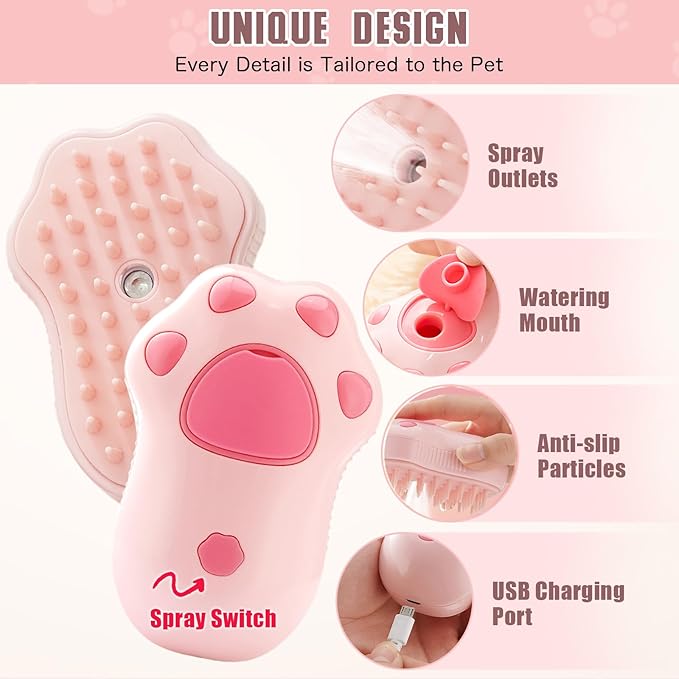 Steamy Cat Brush, 3 in 1 Cat Steamy Brush, Electric Cat Steam Brush, Cat Grooming Brush Silicone Self Cleaning Steam Brush for Massage,Clean and Removing Loose Hair