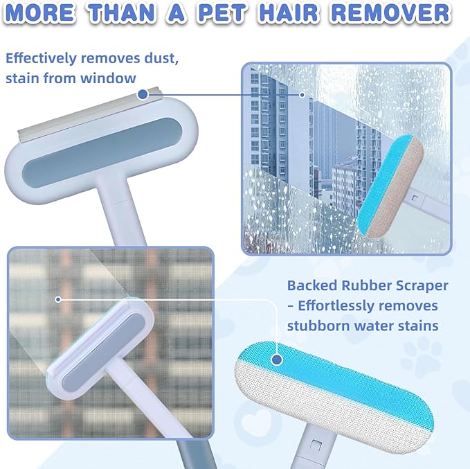 4 in 1 Pet Hair Remover - Washable & Reusable Long-Handle Tool, Gentle Removal for Dog/Cat Hair on Couch, Carpet, Furniture - Also Works for Window & Tile Cleaning (23.2inch)