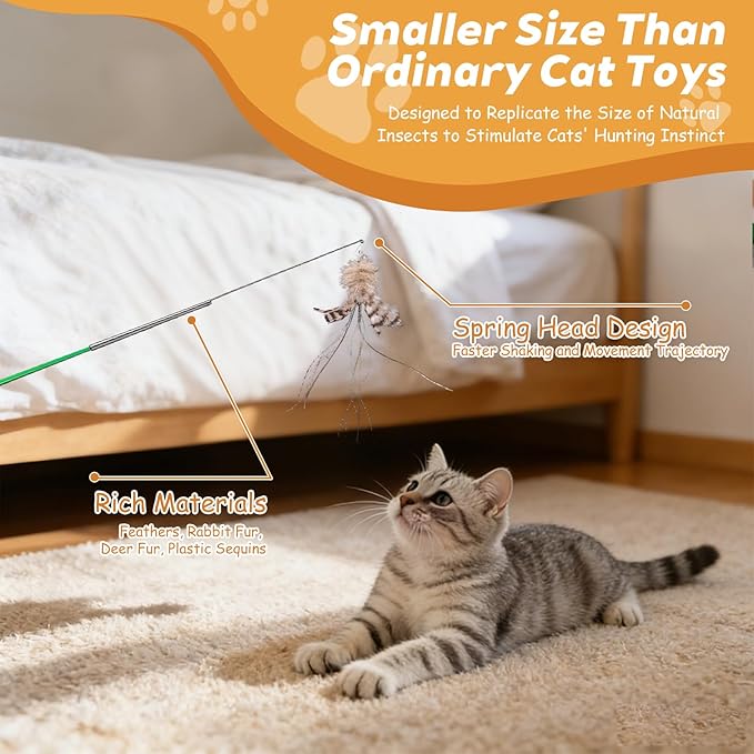 Long 30in - Cat Wand Toy - with Spring Top - Include Cat Wand and 6PCS Feather Insects Refills