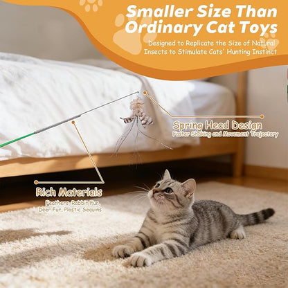 Long 30in - Cat Wand Toy - with Spring Top - Include Cat Wand and 6PCS Feather Insects Refills