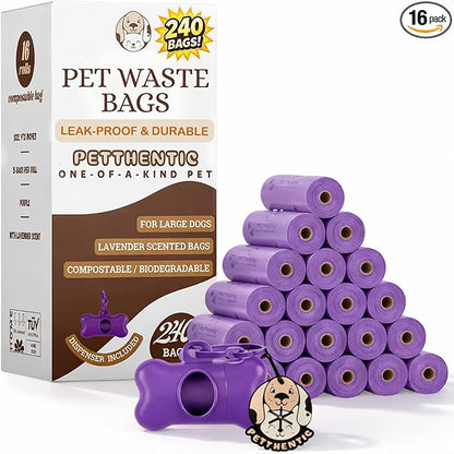 PETTHENTIC Biodegradable Dog Poop Bags with Leash Holder & Dispenser, 240 Count - Lavender Scented, Extra Thick Leak-Proof Cornstarch Waste Bags for Dogs, 16 Rolls, Eco-Friendly Compostable