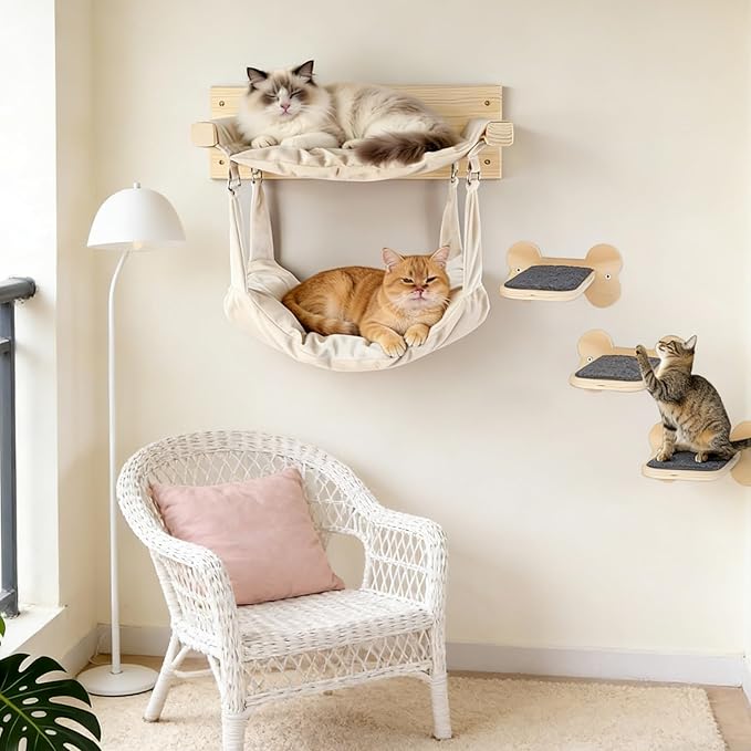 Wall Mounted Cat Double Hammock & 3 Steps, Pine Climbing Shelf & Perch Set, Multi-Function Wall-Mounted Cat Furniture for Sleep Play Climb, Easy DIY Installation