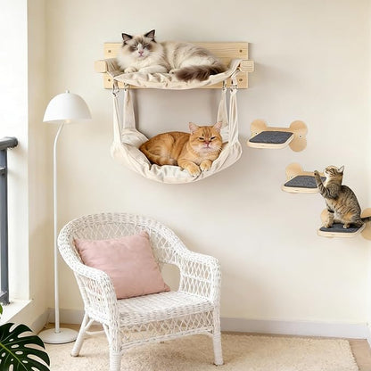 Wall Mounted Cat Double Hammock & 3 Steps, Pine Climbing Shelf & Perch Set, Multi-Function Wall-Mounted Cat Furniture for Sleep Play Climb, Easy DIY Installation