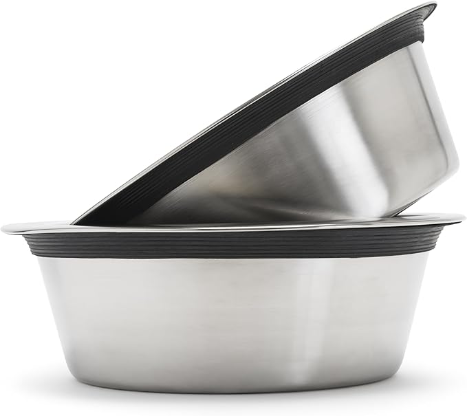 NMN Designs Heavy Duty Stainless Steel Pet Bowls - Set of 2 - Premium Food-Safe 201 Stainless Steel - Rubber Ring Edge Eliminates Noise - Pet Food and Water Bowl (Large - 3 QT Bowls)