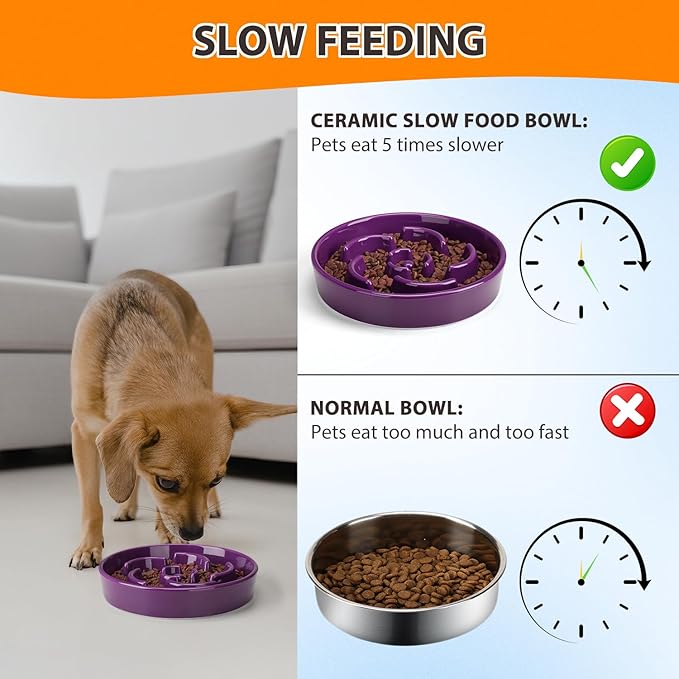Slow Feeder Dog Bowl, Ceramic 8.3 inch Dog Food Bowls for Small, Medium, and Large Breed, Anti-Slip Maze Puzzle Food Dish to Slow Down Eating (Deep Purple, 8.3 inch)