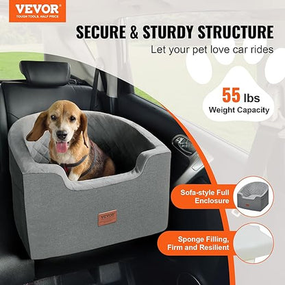 VEVOR Dog Car Seat, Waterproof Dog Booster Seat for Car with a Storage Pocket, Clip-On Safety Leash and Sponge Filling, Pet Bed for Small & Medium Dogs up to 55lbs, Gray