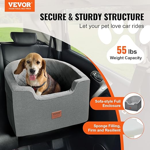 VEVOR Dog Car Seat, Waterproof Dog Booster Seat for Car with a Storage Pocket, Clip-On Safety Leash and Sponge Filling, Pet Bed for Small & Medium Dogs up to 55lbs, Gray