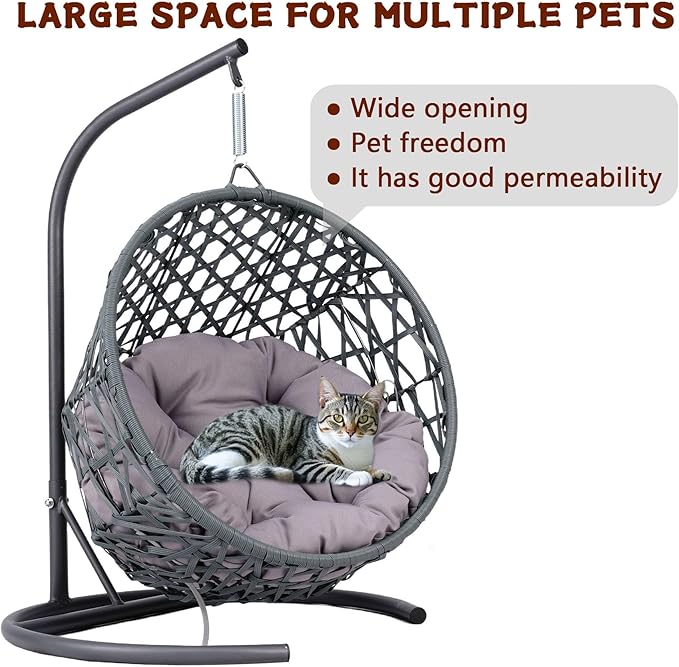 Anwick Cat Swing Bed with Stand & Cushion Indoor Outdoor, Egg Chair with Rattan Wicker Appearance, Indoor Hanging Swinging Hammocks for Cat, Dogs, and Small Animals Bedroom Porch (Gray-2)
