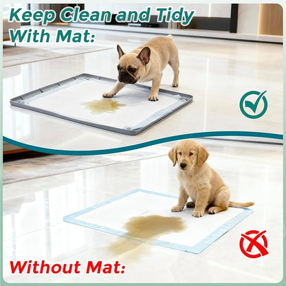 Pee Pad Holder for Dogs, 24" x 24" Non-Slip Silicone Puppy Pad Tray with 4 Magnetic Clips, Leak-Proof Raised Edge, Reusable Waterproof Puppy Training Mat for Indoor Floor Protection