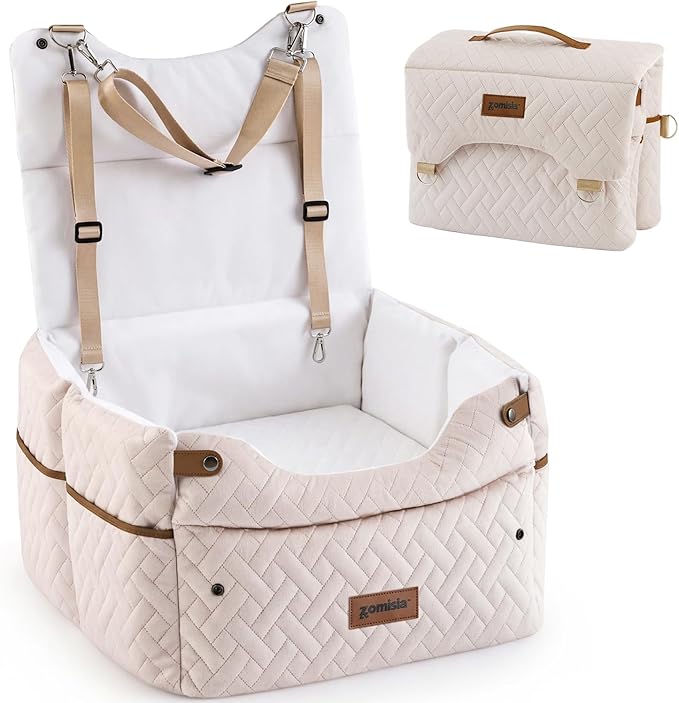 ZOMISIA Elevated Dog Car Seat for Medium Dogs, 3 Adjustable Heights with 2 Egg Crate Foam Boosters 4"+2", Dual-Sided Cooling&Plush Waterproof Cover, 2 Safety Leashes & Buckles, Beige