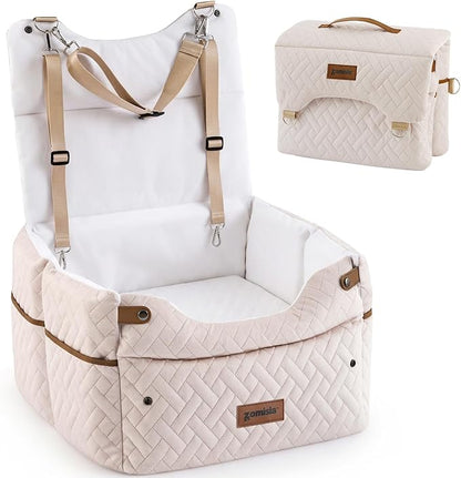 ZOMISIA Elevated Dog Car Seat for Medium Dogs, 3 Adjustable Heights with 2 Egg Crate Foam Boosters 4"+2", Dual-Sided Cooling&Plush Waterproof Cover, 2 Safety Leashes & Buckles, Beige