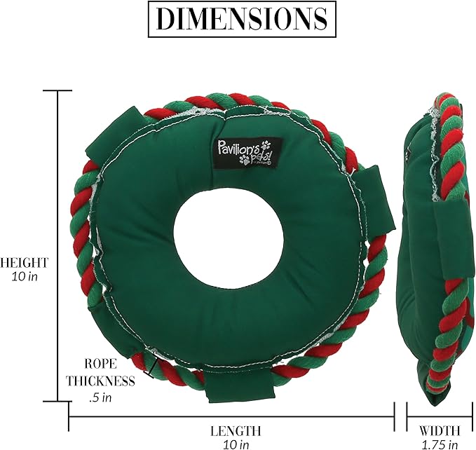 Pavilion - Deck The Paws - 10" Wreath Puppy Dog Toy with Rope Handle K-9 Furry Companion Christmas Present