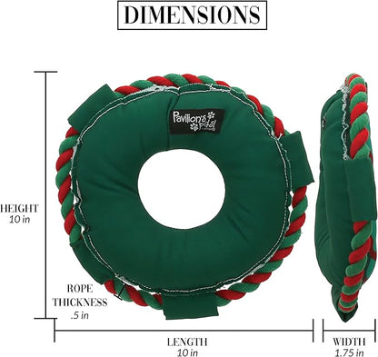 Pavilion - Deck The Paws - 10" Wreath Puppy Dog Toy with Rope Handle K-9 Furry Companion Christmas Present