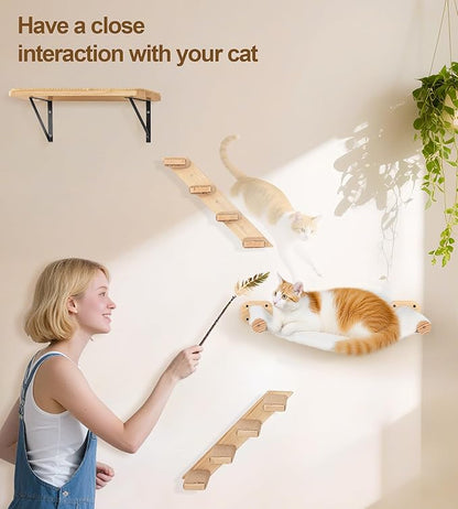 Cat Stairs Hammock Set of 3 – Cat Wall Shelves with 1 Floating Fabric Hammock, 2 Wall Ladders with 4 Steps Each