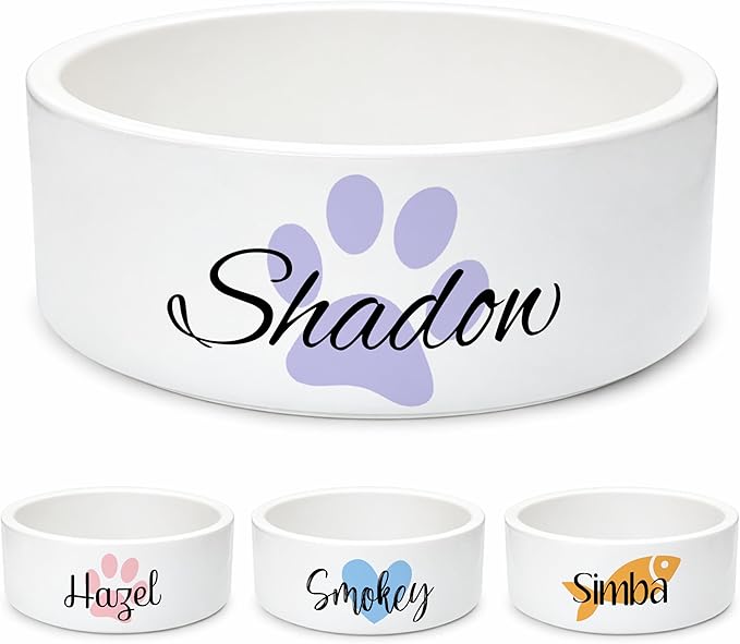 Custom Cat Bowl | Personalized Food & Water Dish with Name | Microwave & Dishwasher Safe Ceramic Pet Feeding Bowl for Kitty | Gift Idea for New Kitten Owners | White – Large
