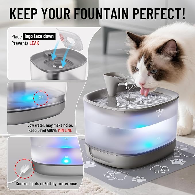 Veken Cat Water Fountain with Detachable Tank, Easy to Clean & Assemble, 84oz/2.5L Pet Drinking Dispenser with Quiet Operation & LED Light, Gifts for Christmas, Cats, Dogs and Small Pets, Grey