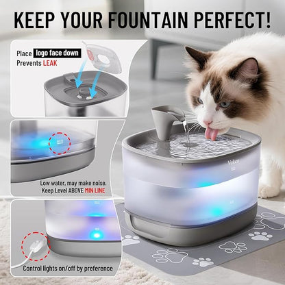 Veken Cat Water Fountain with Detachable Tank, Easy to Clean & Assemble, 84oz/2.5L Pet Drinking Dispenser with Quiet Operation & LED Light, Gifts for Christmas, Cats, Dogs and Small Pets, Grey
