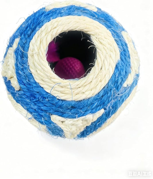 1x Hemp Ball Cat Toy,Six-Hole Hollow-Out Designed,Sisal Hemp Woven Cat Toy, Plume Bell Inside,Special Kitten Chew Toys for Indoor Cats,Interactive pet (Blue, 12cm Ball)