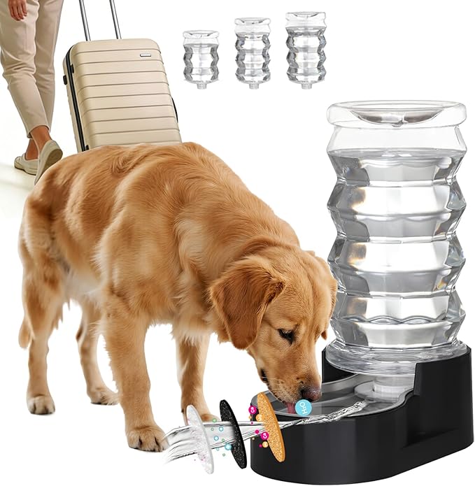 RIZZARI Dog Water Bowl Dispenser :Ion Exchange System with Activated Carbon- Helps Prevent Urinary Stones - Removes Odors -Softens Water- 8L Gravity Black Stainless Steel Automatic Waterer