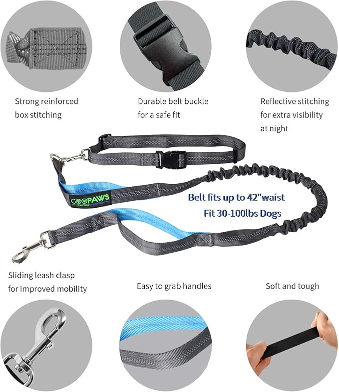 JESPET Hands Free Dog Leash for Running, Walking, Hiking Jogging for Medium & Large Dogs up to 150lbs, Durable Dual Handle Waist Leash with Reflective Bungee and Adjustable Waist (Blue)