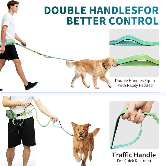 Hands Free Dog Leash with Removable Zipper Pouch, Dual Padded Handles and Durable Bungee for Walking, Jogging and Running-Your Dog (Large, 35-140 lbs-Cyan
