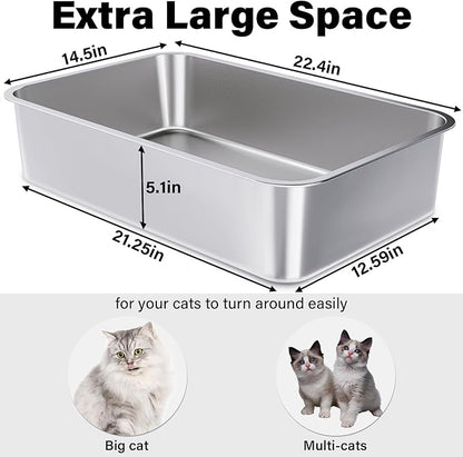Stainless Steel Litter Box 2 Pack,XL Metal Litter Box for Cat,Easy Clean Non Stick No Smell Metal Litterbox for Kitty/Multi-Cats