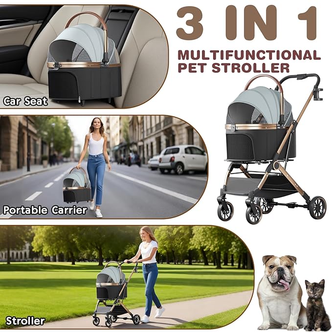 4 Wheels Pet Stroller for Small Medium Dogs Cats Up to 45 lbs Folding Dog Stroller with Detachable Breathable Carrier Suitable for Car Seat, Hand Carry & Travel, All Terrain, 3 in 1 Multifunctional