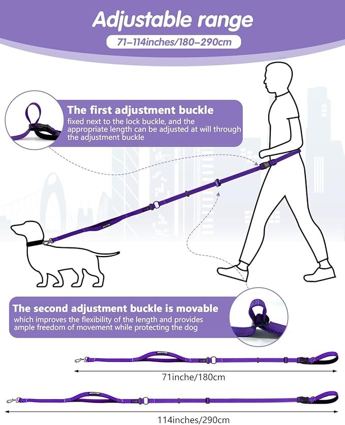 Hands Free Dog Leash, Multifunctional Crossbody Dog Leash, 5.9-9.5Ft Long Waist Belt with Car Seatbelt and Double-Sided Reflective Stitches for Medium and Large Dogs Walking, Jogging(Purple)