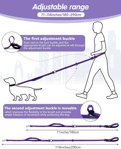 Hands Free Dog Leash, Multifunctional Crossbody Dog Leash, 5.9-9.5Ft Long Waist Belt with Car Seatbelt and Double-Sided Reflective Stitches for Medium and Large Dogs Walking, Jogging(Purple)