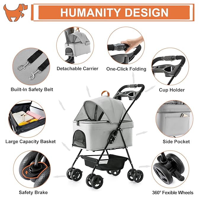 3-in-1 Pet Stroller for Small Dogs and Cats, Folding Lightweight Dog Stroller with Detachable Carrier Portable Cat Puppy Jogging Stroller with Cup Holder and Storage Basket, 4 Wheels