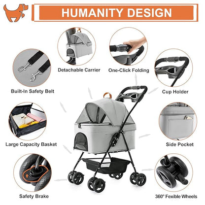 3-in-1 Pet Stroller for Small Dogs and Cats, Folding Lightweight Dog Stroller with Detachable Carrier Portable Cat Puppy Jogging Stroller with Cup Holder and Storage Basket, 4 Wheels
