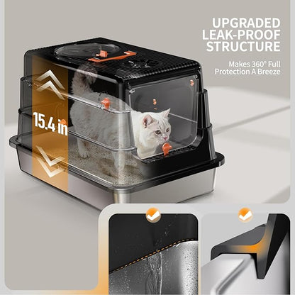 Stainless Steel Cat Litter Box with Lid, Extra Large Enclosed Metal Litter Pan with High Sides, Full Flip Cover Litter Box for Large Cat, Include Scoop & Step, Leak Proof Easy Clean Odor Control-Black