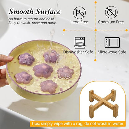 Elevated Slow Feeder Cat Bowl - Maze Puzzle Cat Food Dish with Bamboo Stand, Anti-Slip - Raised Base for Comfortable Eating - 6 OZ - Light Purple Flower