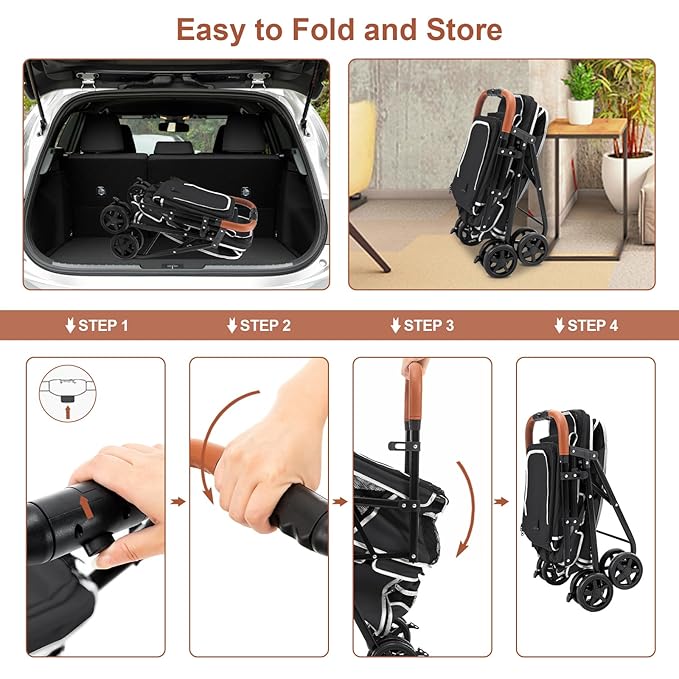 Double Pet Stroller for Dogs and Cats, One-Hand Folding Dog Stroller Travel Carriage for Small Medium Dogs Cats, 4 Wheels, Black