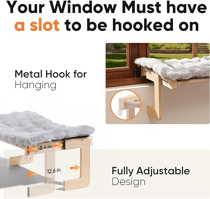 FUKUMARU Cat Window Perch, Transformable Cat Hammock with Fluffy Cushion for Windowsill and Floor, Cats Window Bed for Large Cats and Kittens, Reinforced Wood and Metal Frame, Easy to Adjust Pet Pech