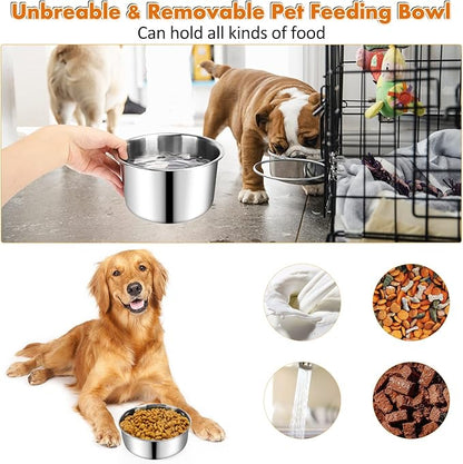 Dog Crate Water Bowl, 2 pcs Stainless Steel Large Dog Bowls 40oz & 60oz, Durable Anti-Spill Pet Metal Bowls for Cage Kennel Crate, Hanging Water/Food Bowl for Medium & Large Dogs