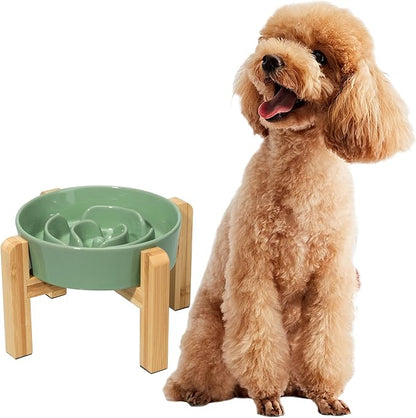 Elevated Slow Feeder Dog Bowl - Ceramic Maze Food Dish with Bamboo Stand - Raised Feeding Bowl for Fast Eaters - Ideal for Small and Medium Dogs - Green - 6.7 inch