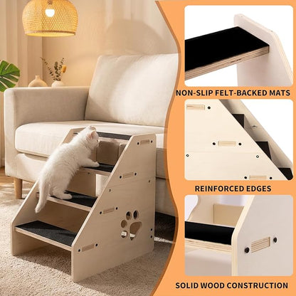 Dog Stairs Ramp, Wooden 4-Step Dog Ramp for Small/Medium/Older Dogs and Cats, Non-Slip Pet Ladder for High Beds, Sofas, Bay Windows
