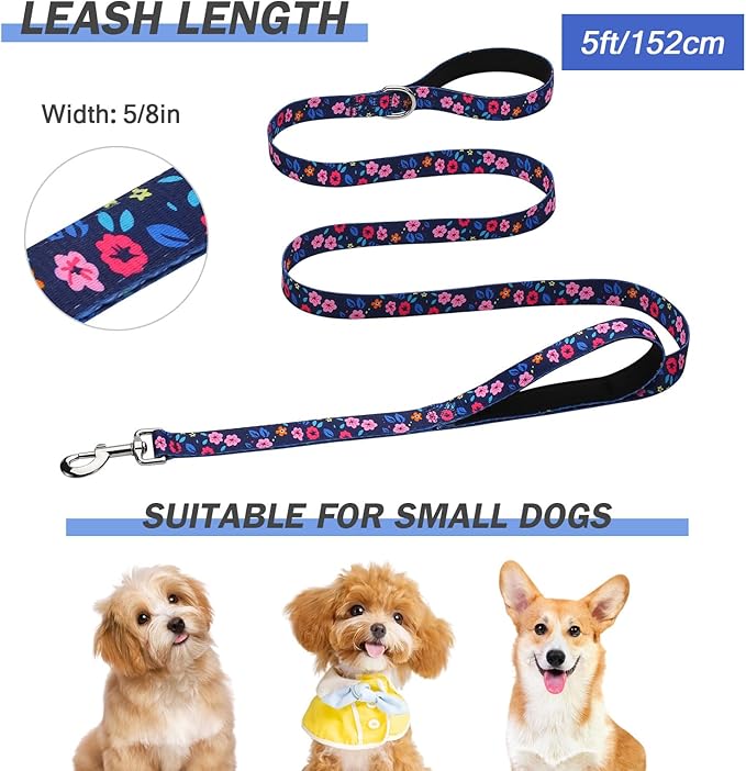 Hikiko Double Handle Dog Leash 5 Ft for Small Medium Large Dogs, Padded Traffic Handles Lead for Walking Training (Navy Blue Floral)
