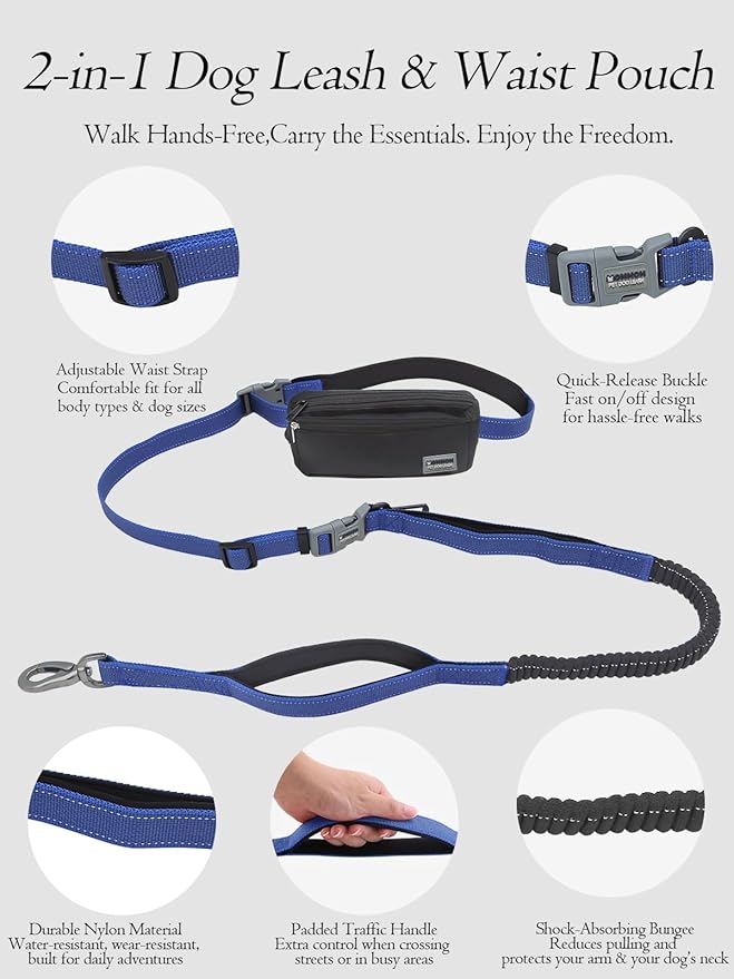 Hands Free Dog Leash with Zipper Pouch & Waist Belt – Reflective Durable Bungee Leash with Dual Padded Handles for Walking, Jogging & Running, Fits Small to Large Dogs (Blue)