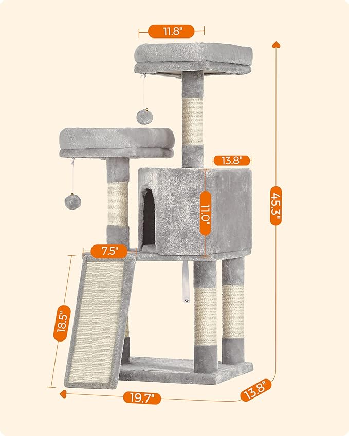 Feandrea Cat Tree, 45.3-Inch Cat Tower, Plush Condo with Scratching Post, Ramp, Perch, Spacious Cave, for Small Space, Light Gray UPCT141W01