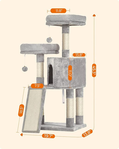 Feandrea Cat Tree, 45.3-Inch Cat Tower, Plush Condo with Scratching Post, Ramp, Perch, Spacious Cave, for Small Space, Light Gray UPCT141W01