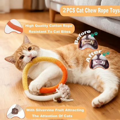 11-Piece Interactive Cat Toys for Indoor Cats, 2 Bendable Rope Toys, 4 Mice, 2 Springs, 2 Bell Balls & Feather Teaser - Kitten Chew Toys and Cat Supplies